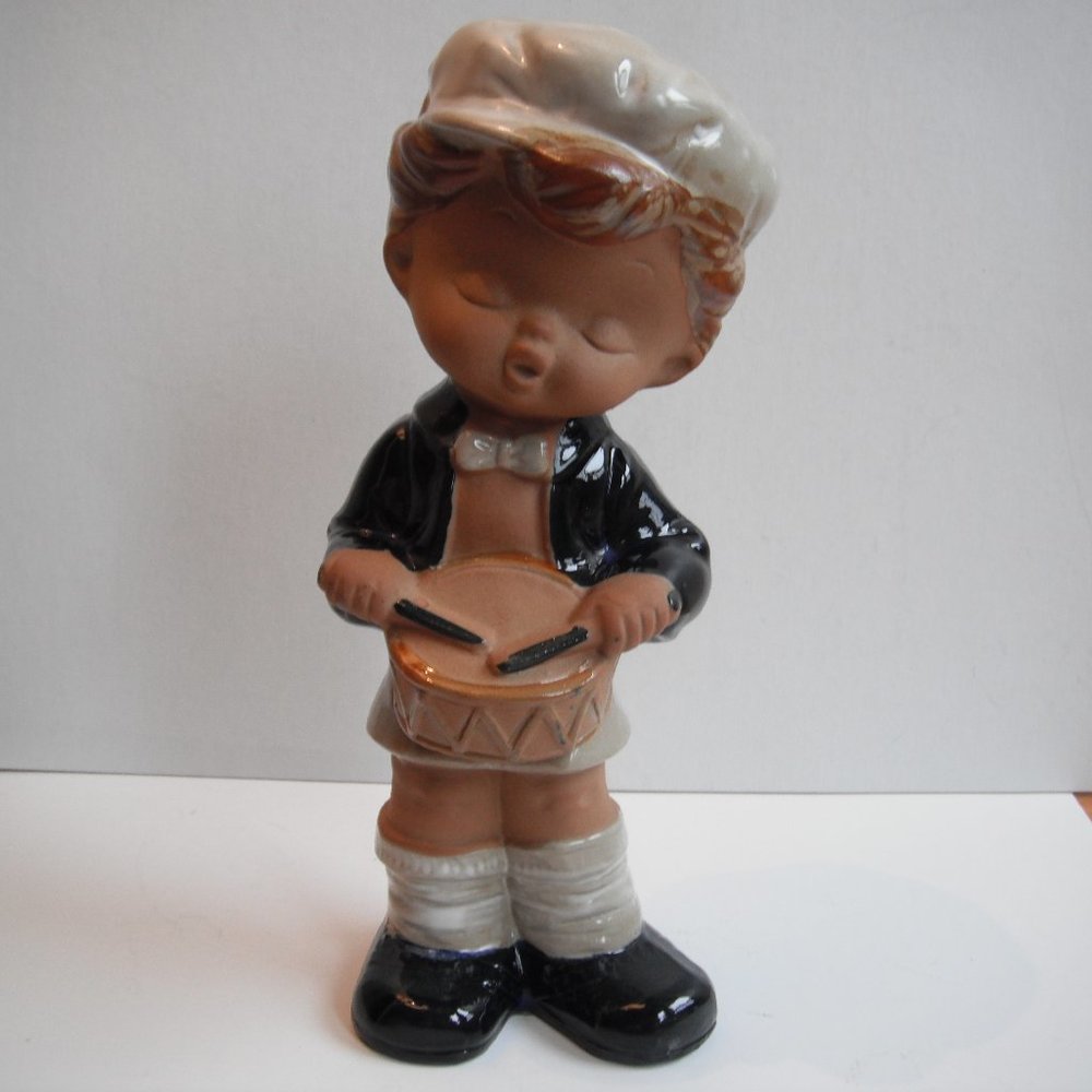 Vintage Stoneware Pottery Boy With A Drum Figurine Japan